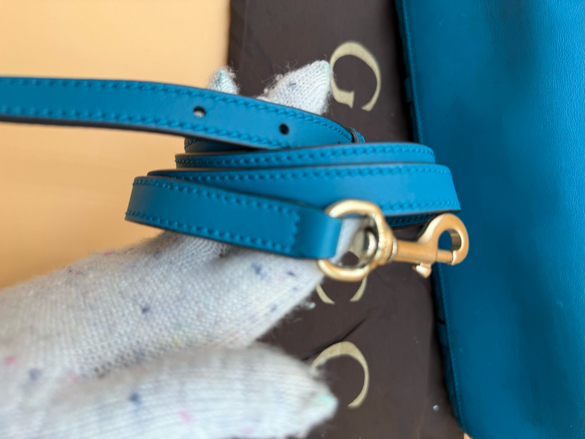 Gucci Mico Monogram Teal Zippered Leather Messenger Crossbody Tote