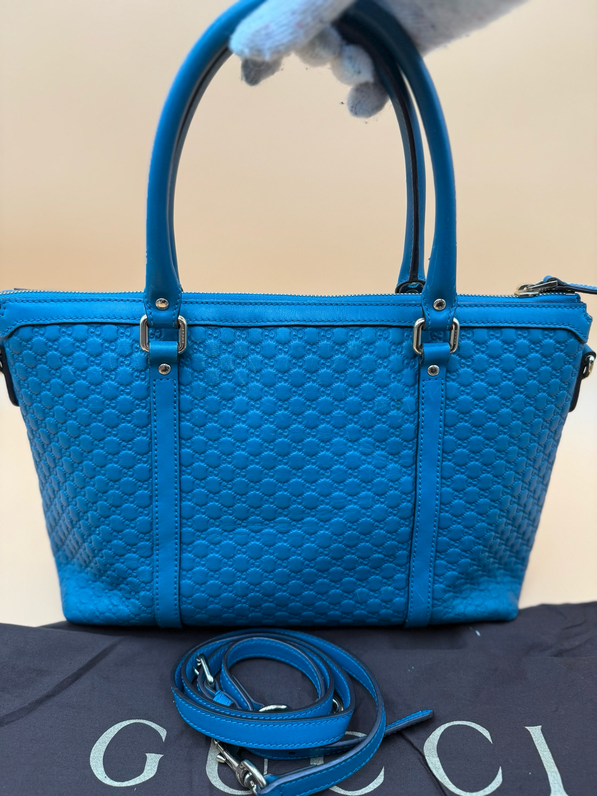Gucci Mico Monogram Teal Zippered Leather Messenger Crossbody Tote