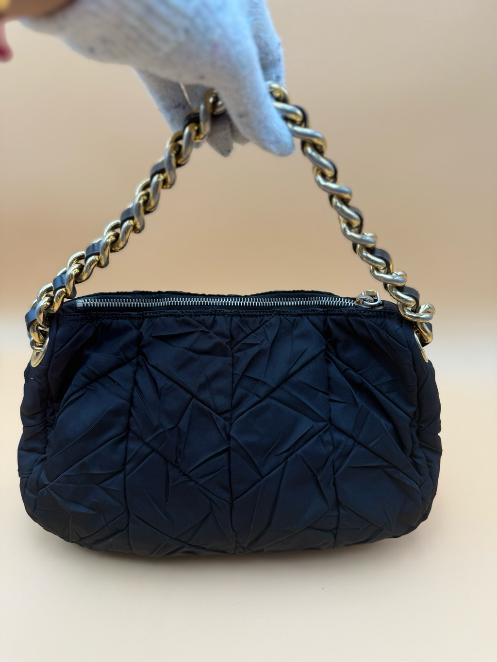 Prada Nylon Tessuto Quilted Chevron Hobo Shoulder Black Chain Strap