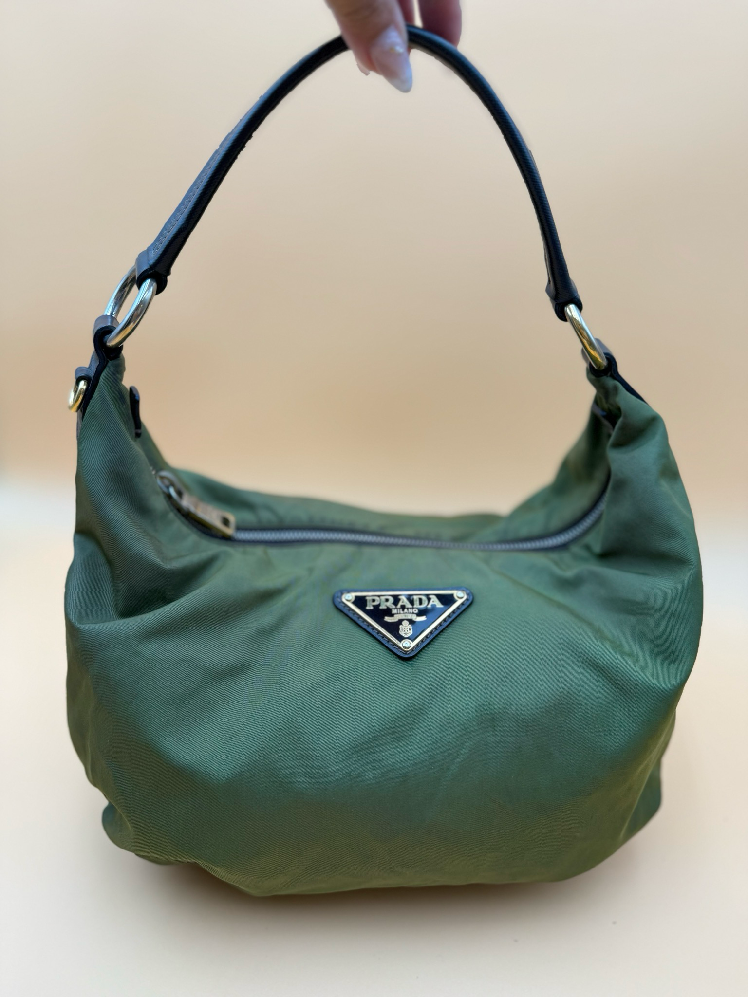 Prada Nylon Tessuto Hobo Crescent Olive Green Shoulder