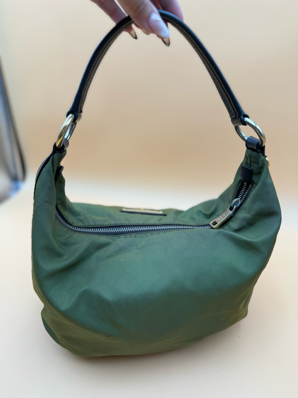 Prada Nylon Tessuto Hobo Crescent Olive Green Shoulder