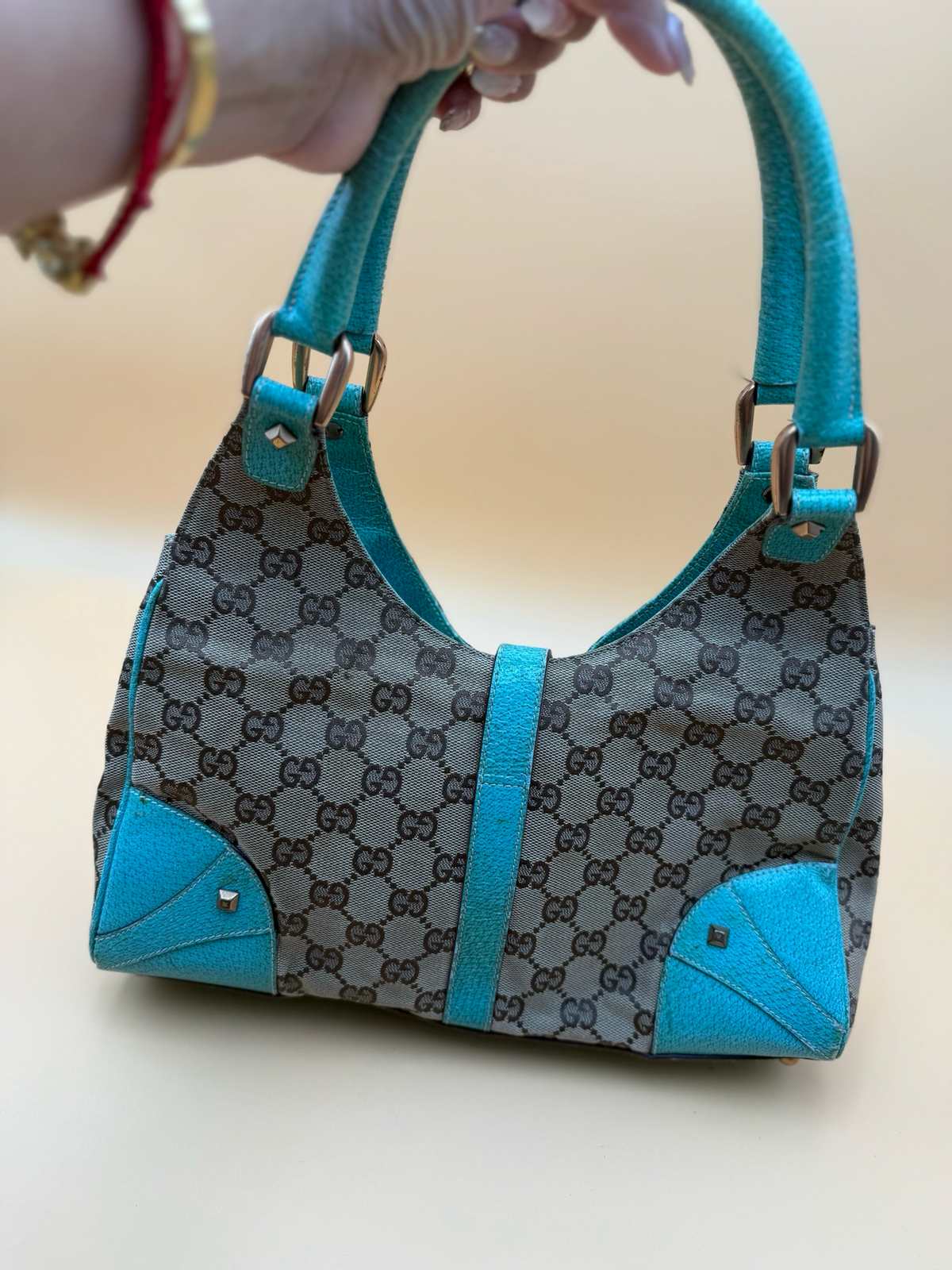 Gucci Canvas Jackie Piston Lock Teal Shoulder