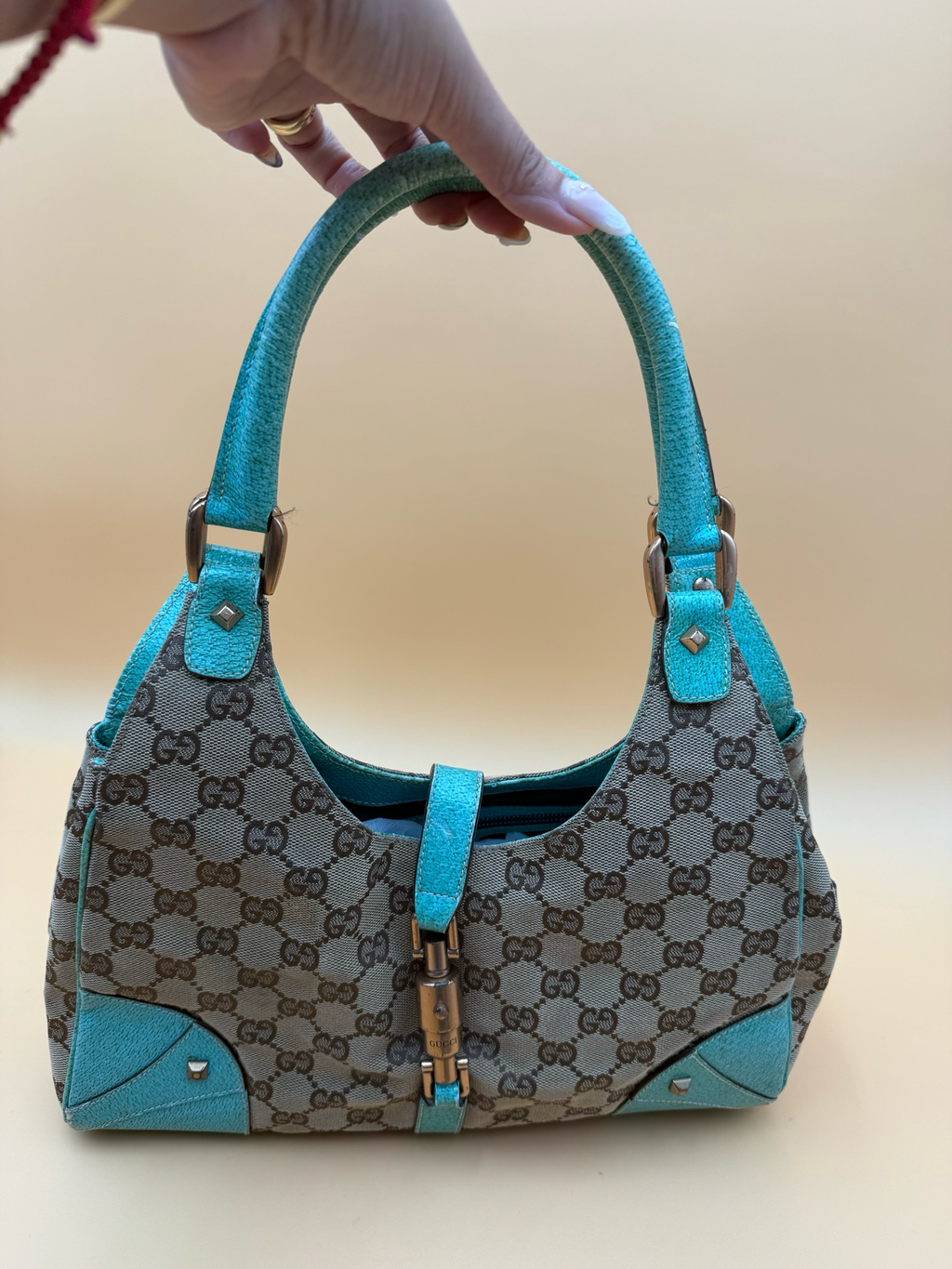 Gucci Canvas Jackie Piston Lock Teal Shoulder