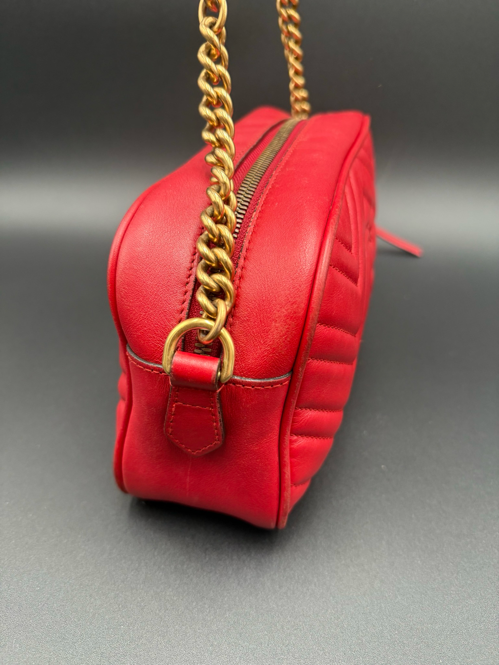 Gucci Chevron Calfskin Marmont Crossbody Small Messenger Hibiscus Red