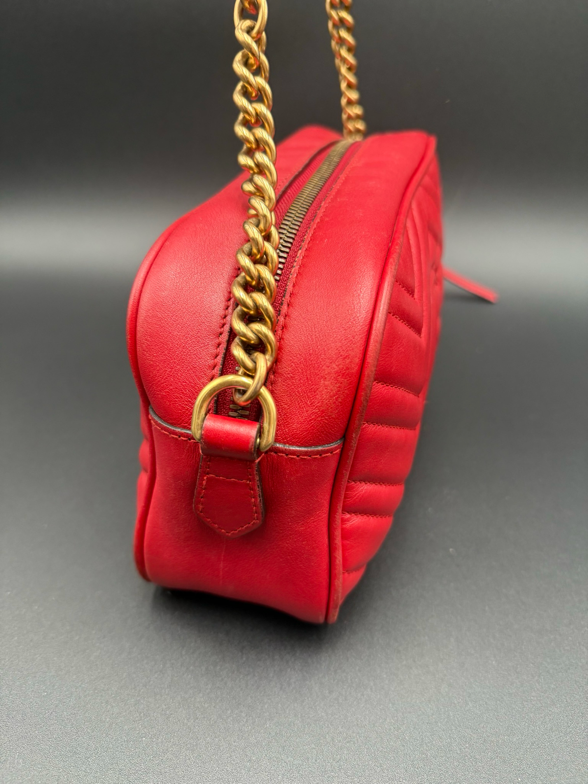 Gucci Chevron Calfskin Marmont Crossbody Small Messenger Hibiscus Red