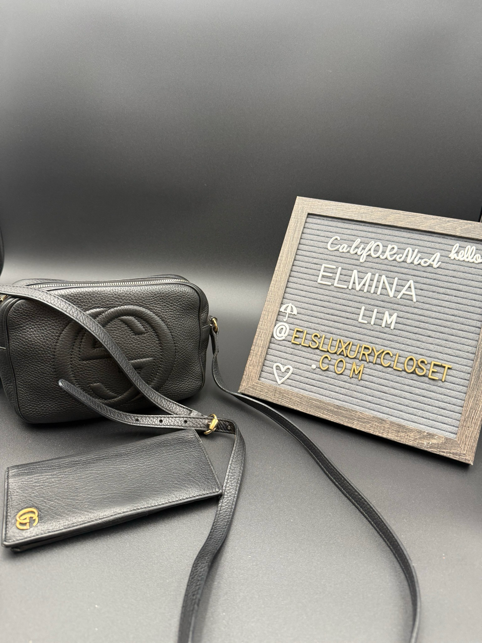 Gucci Soho Disco Camera Bag Pebbled Leather Black With Wallet Long Flap Bundle