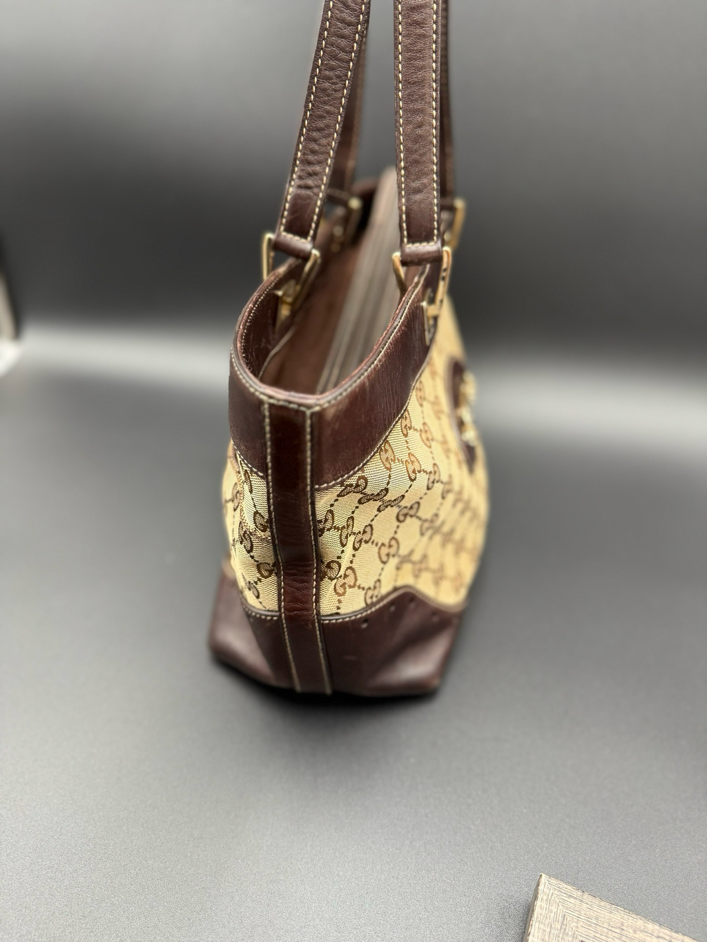 Gucci Monogram Canvas Punch Tote Zipper Shoulder Bag