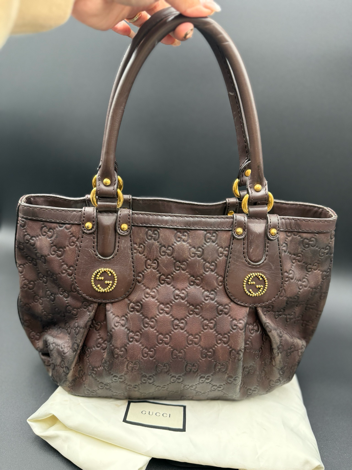 Gucci Guccissima Leather Scarlett Tote Dark Brown Shoulder Bag