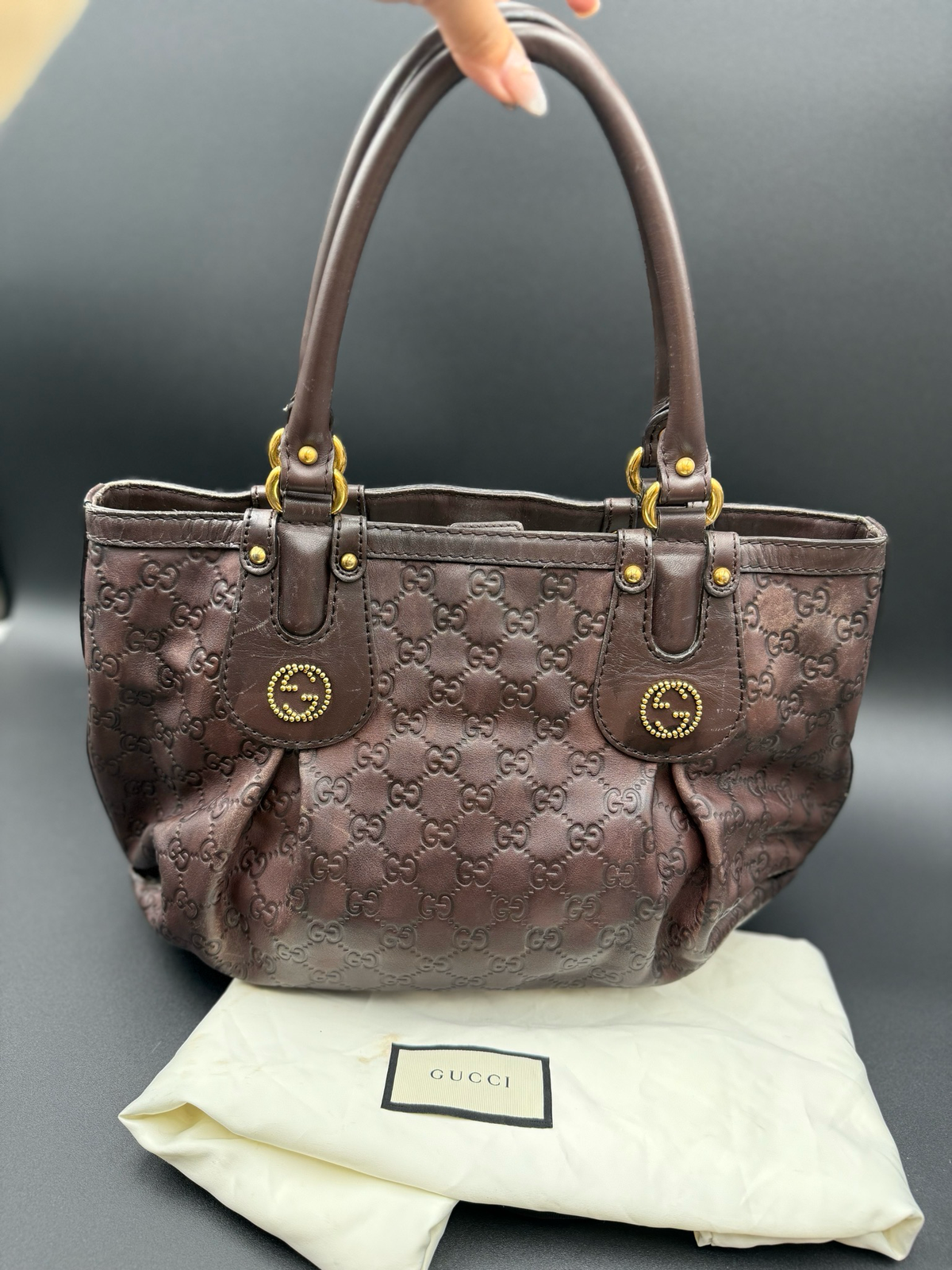 Gucci Guccissima Leather Scarlett Tote Dark Brown Shoulder Bag