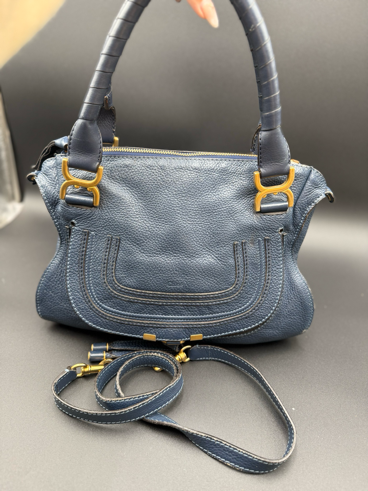 Chloe Marcie Saddle Pebbled Leather Small Messenger Crossbody Navy Blue