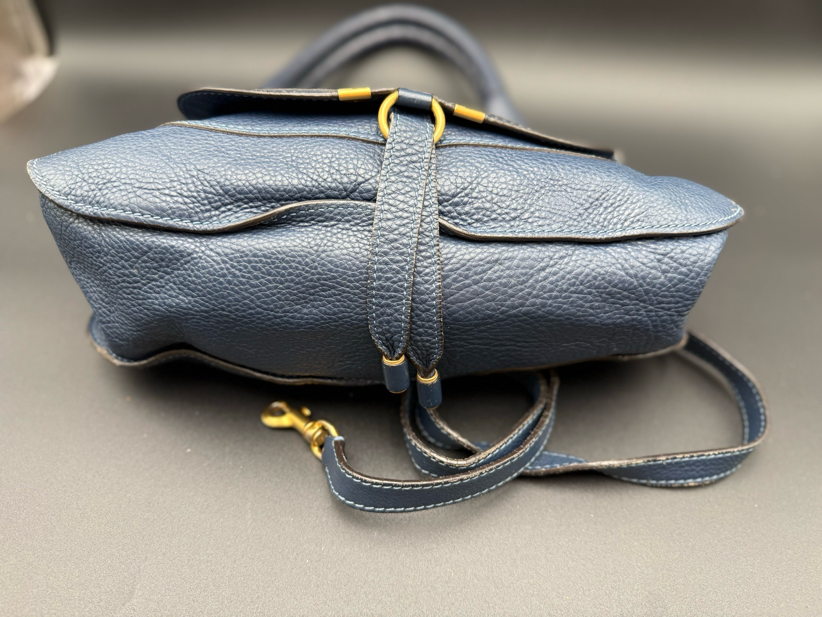 Chloe Marcie Saddle Pebbled Leather Small Messenger Crossbody Navy Blue