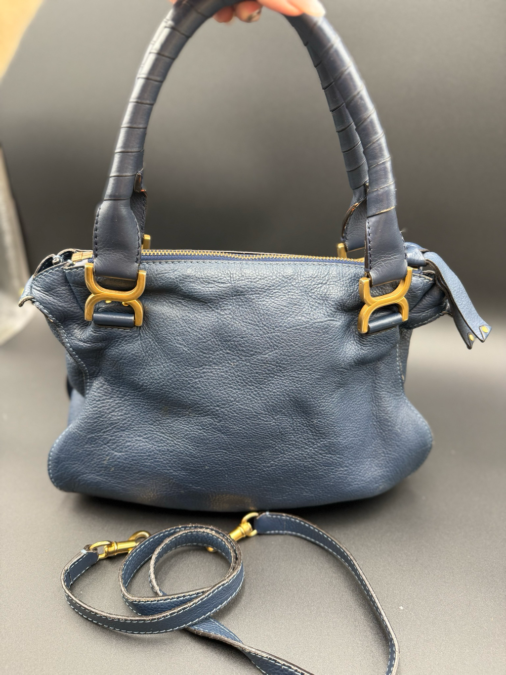 Chloe Marcie Saddle Pebbled Leather Small Messenger Crossbody Navy Blue