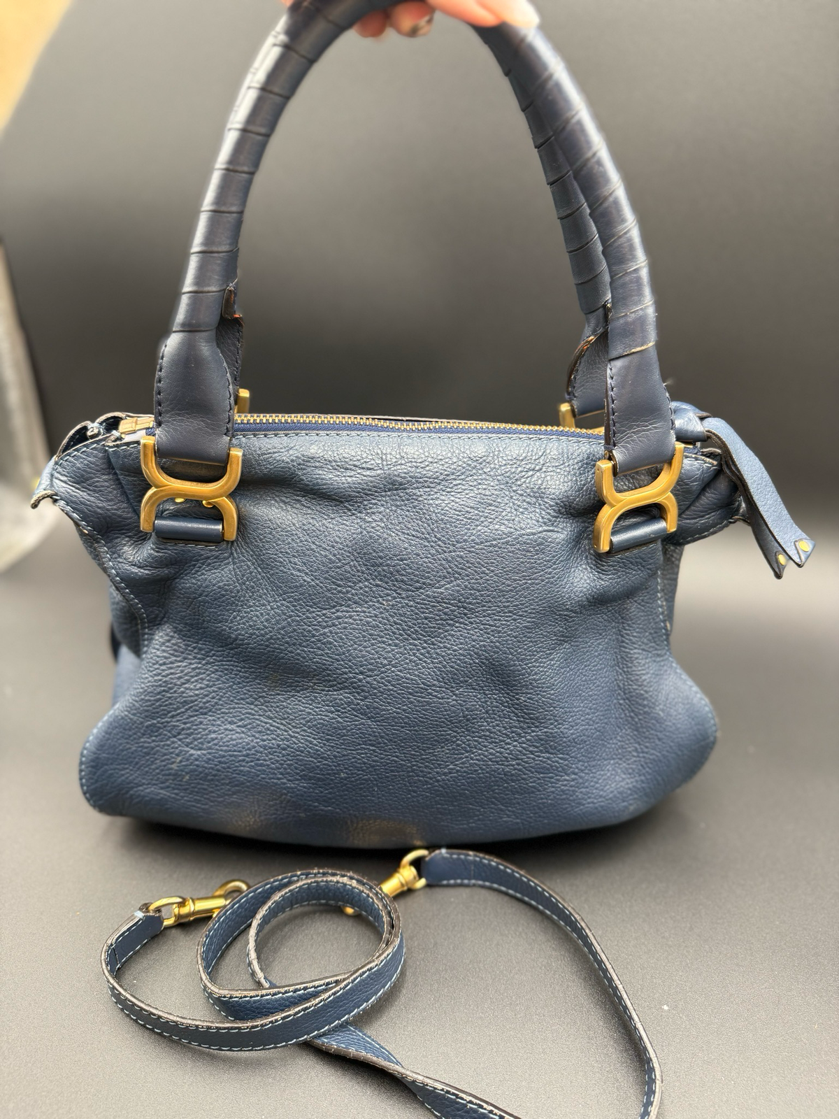 Chloe Marcie Saddle Pebbled Leather Small Messenger Crossbody Navy Blue