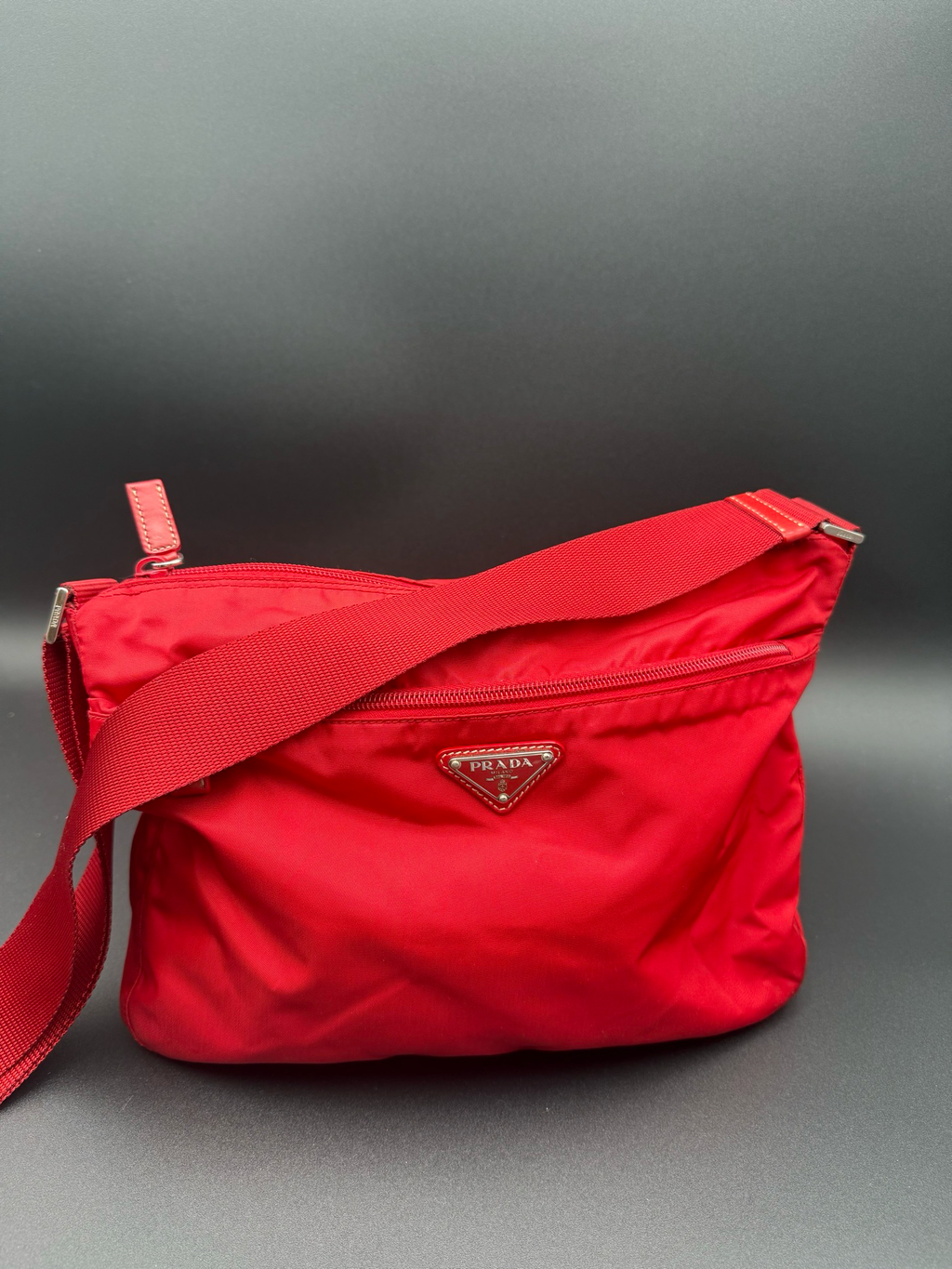 Prada Nylon Tessuto Front Zipper Messenger Tote Crossbody Red