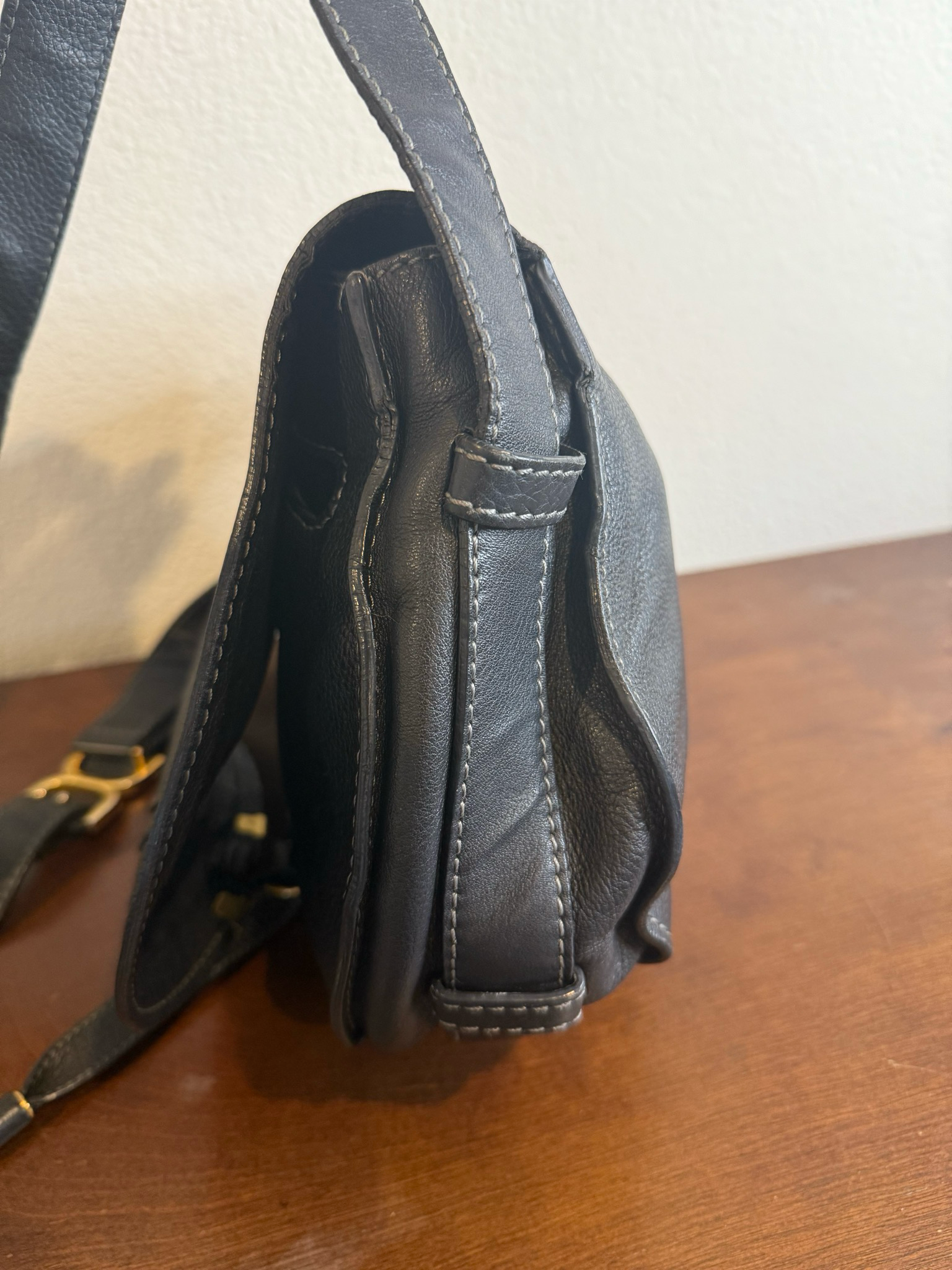 Chloe Marcie Saddle Black Medium Pebbled Leather Messenger