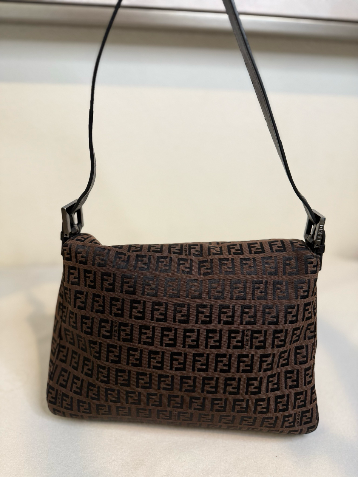 Fendi Zucca Mama Hobo Canvas Baguette Flap Shoulder