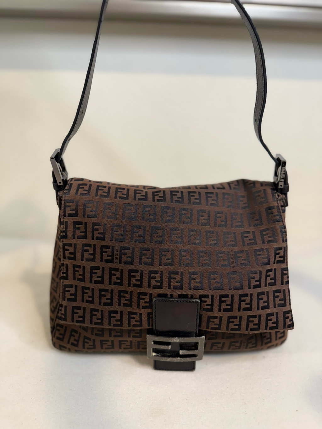 Fendi Zucca Mama Hobo Canvas Baguette Flap Shoulder