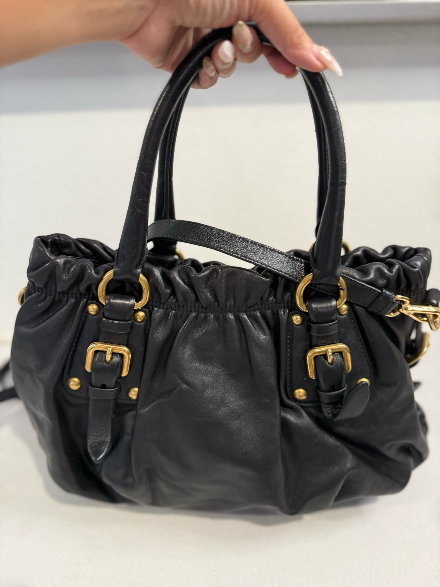 Prada Leather Crossbody Tote Black Belted