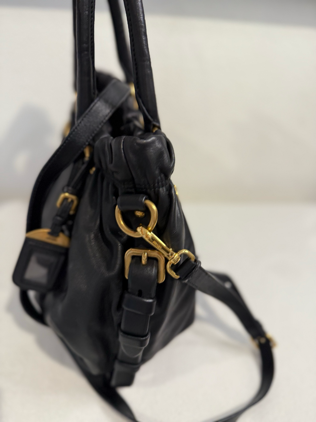 Prada Leather Crossbody Tote Black Belted