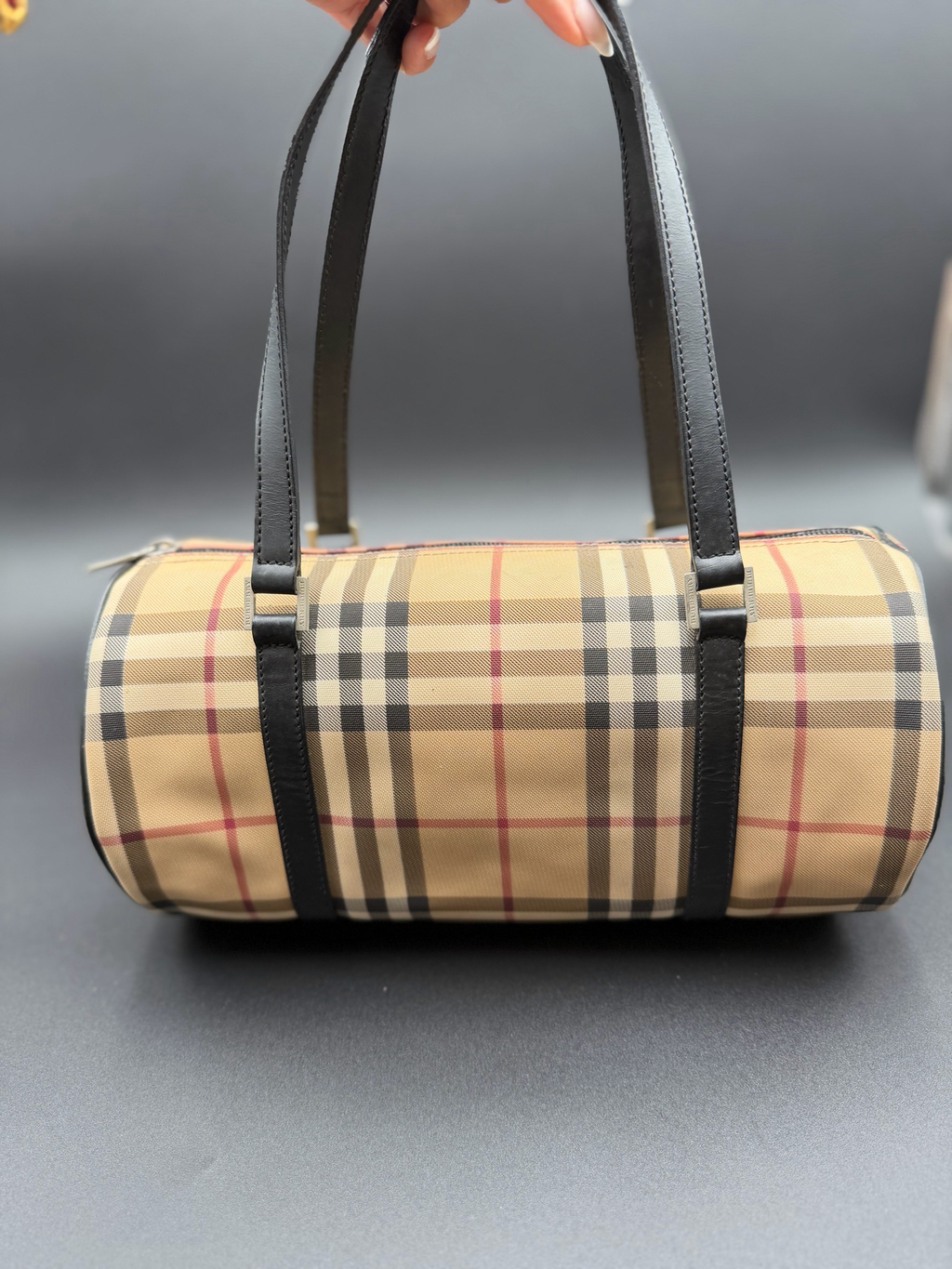 Burberry Haymarket Check Boston Barrel Tote Shoulder Bag