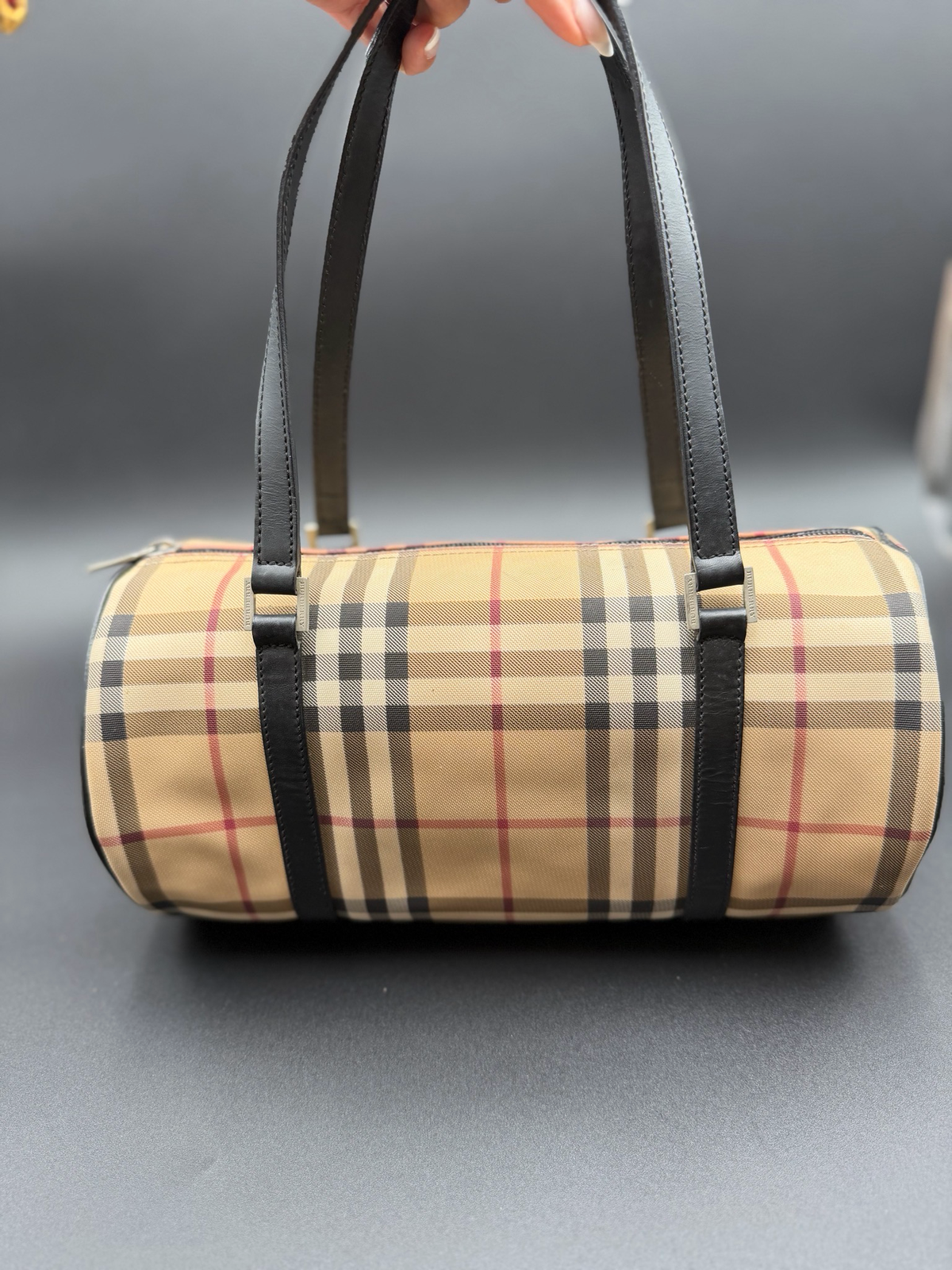 Burberry Haymarket Check Boston Barrel Tote Shoulder Bag