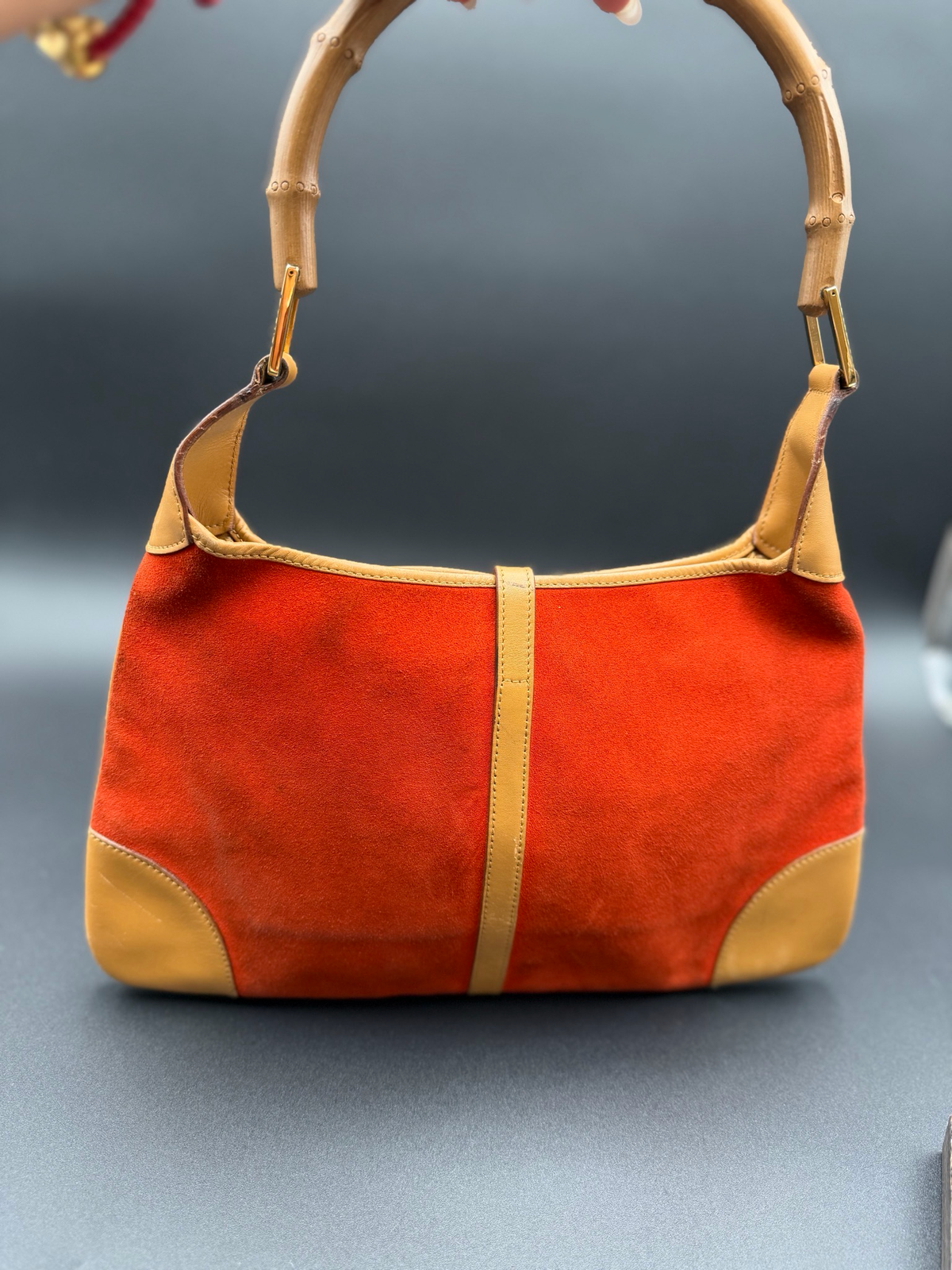 Gucci Jackie Suede Red Bamboo Strap Hobo Shoulder