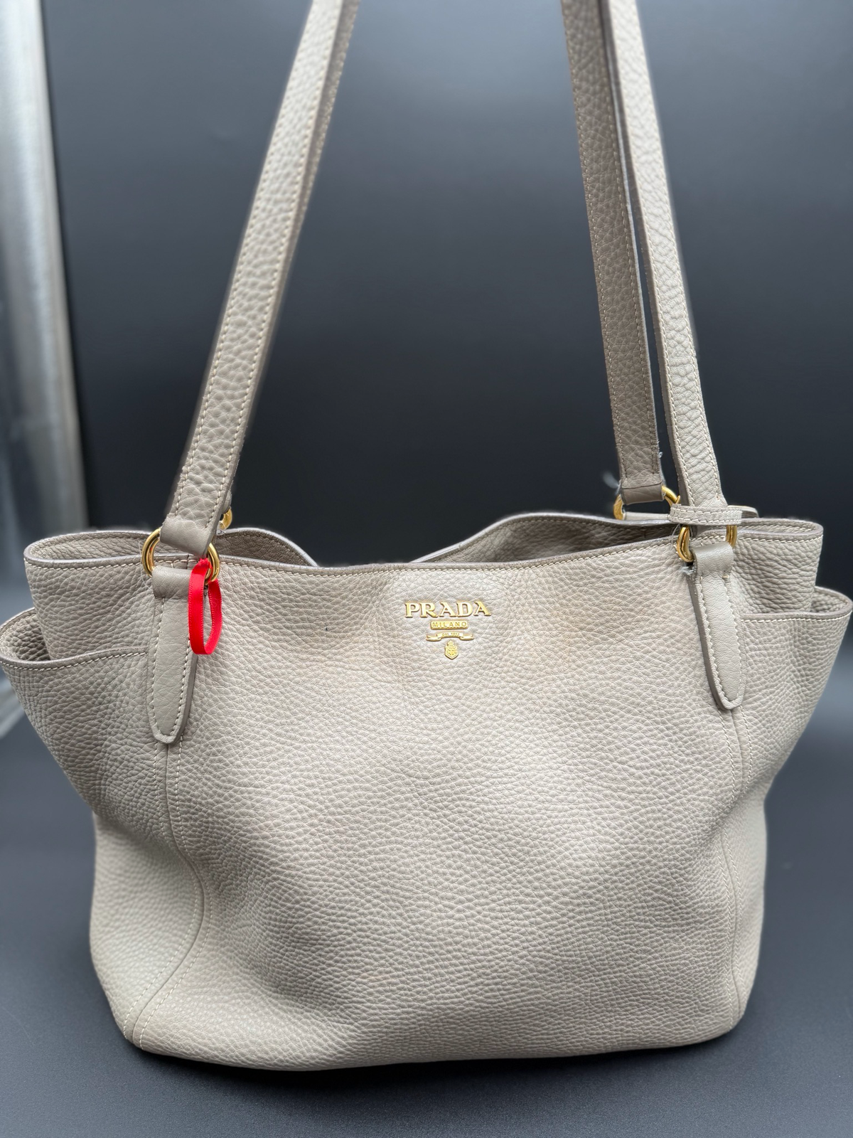 Prada Vitello Daino Long Strap Tote Shopper Side Pocket