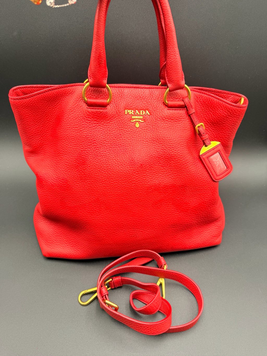 Prada Vitello Daino Vertical Tote Large Sling Messenger Red