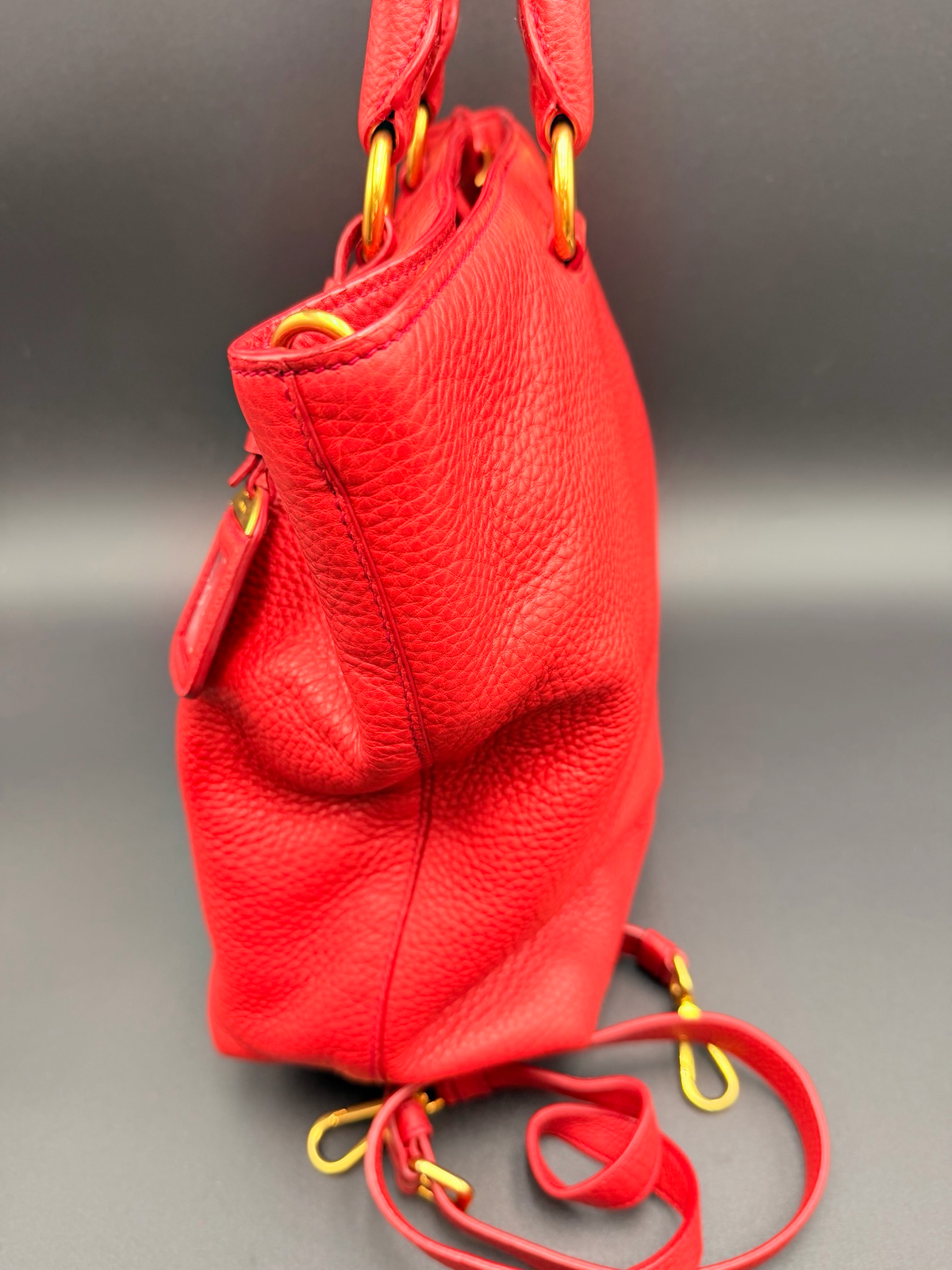 Prada Vitello Daino Vertical Tote Large Sling Messenger Red