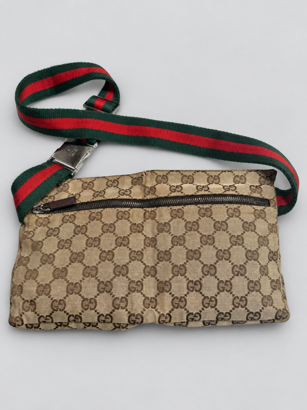 Gucci Monogram Canvas Double Pocket Waist Bag Web Strap
