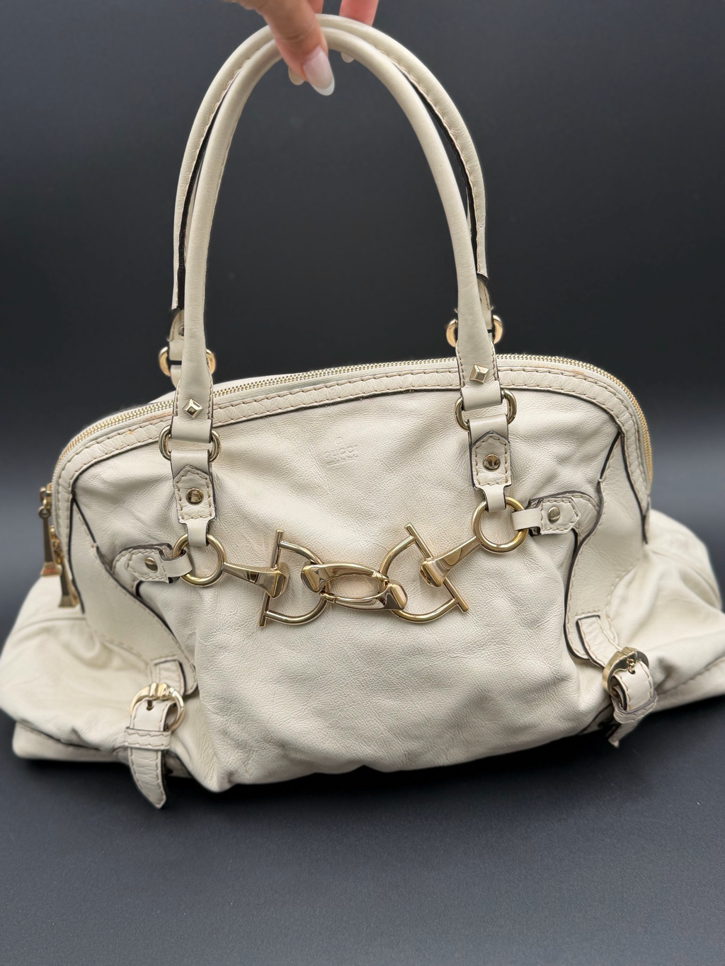 Gucci Leather Cream Boston Bowler Tote Shoulder Medium Horsebit Nail