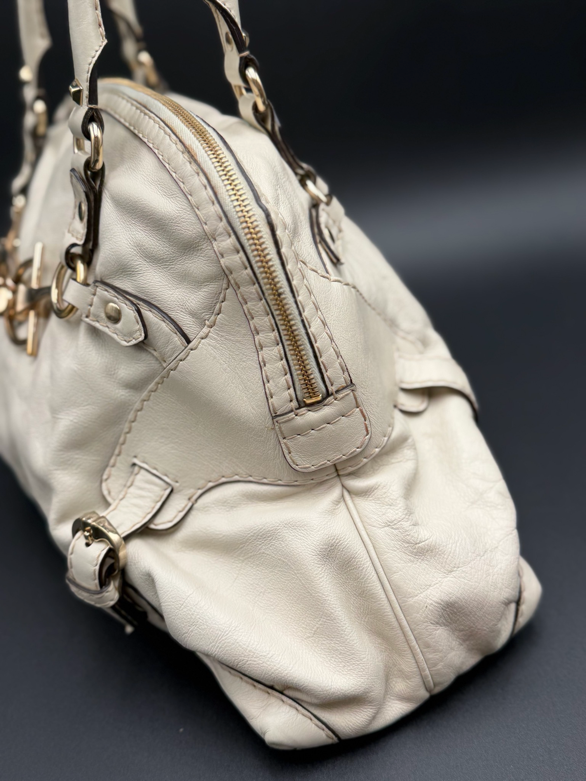 Gucci Leather Cream Boston Bowler Tote Shoulder Medium Horsebit Nail