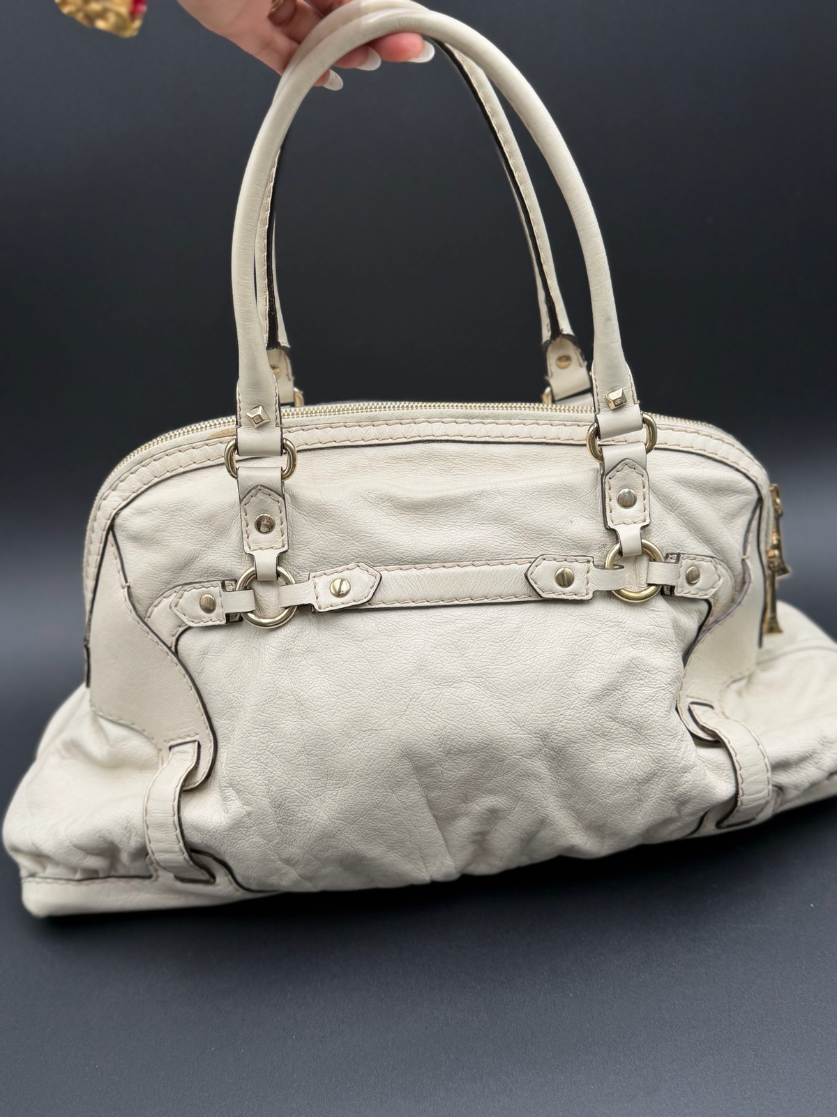 Gucci Leather Cream Boston Bowler Tote Shoulder Medium Horsebit Nail