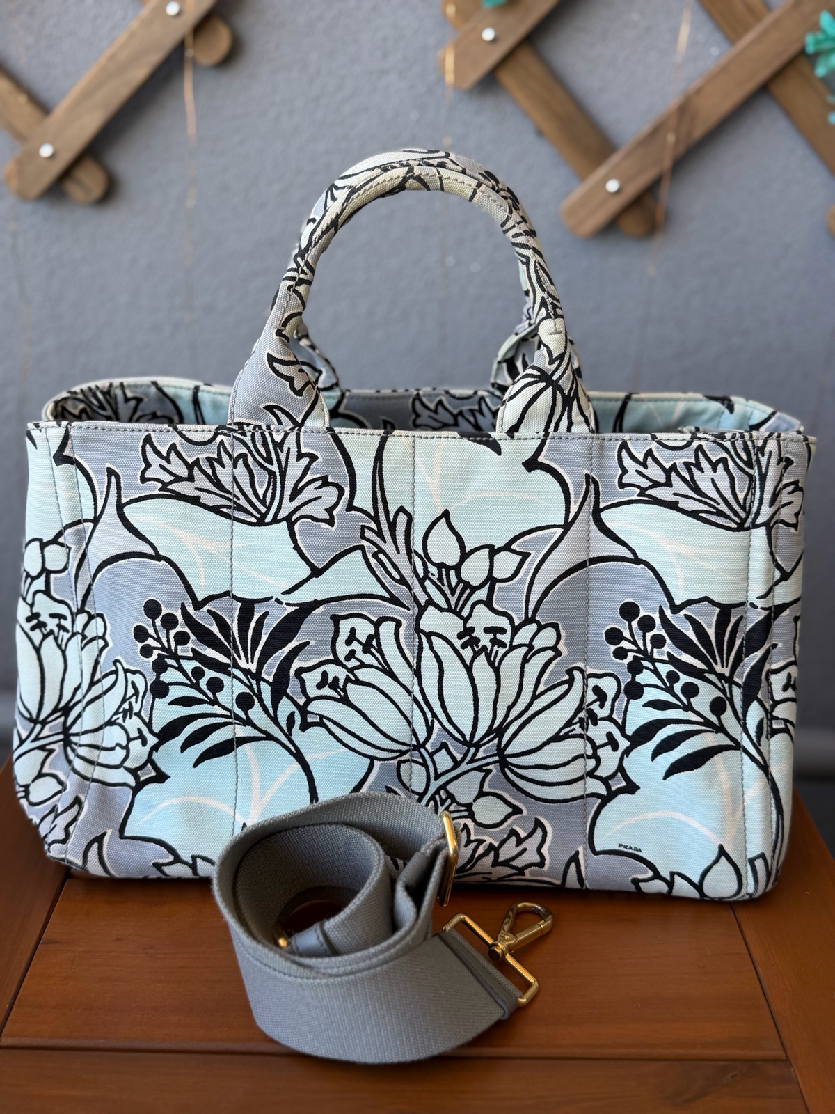 Prada Canapa Canvas Floral Print Large Crossbody Messenger