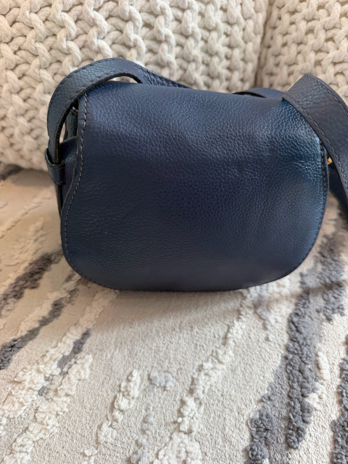 Chloe Pebbled Leather Mini Marcie Saddle Messenger Crossbody Navy Blue