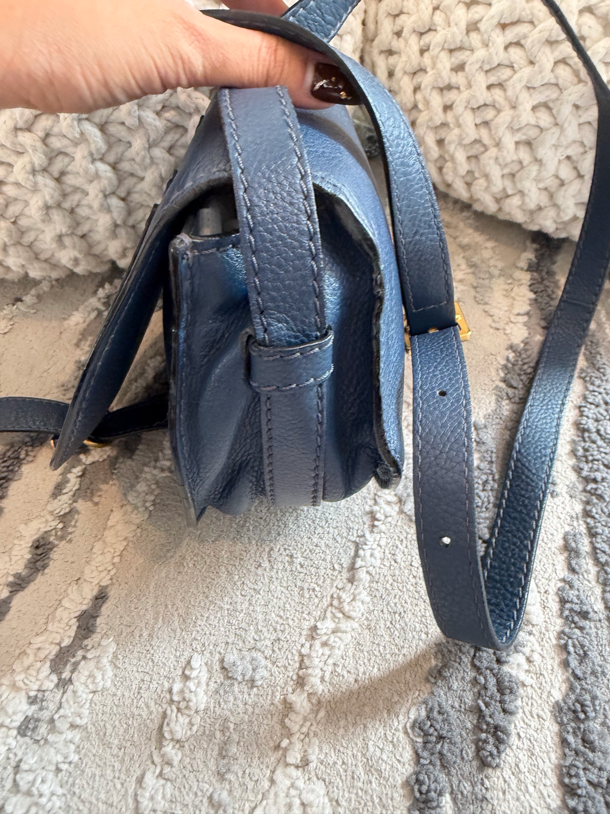 Chloe Pebbled Leather Mini Marcie Saddle Messenger Crossbody Navy Blue
