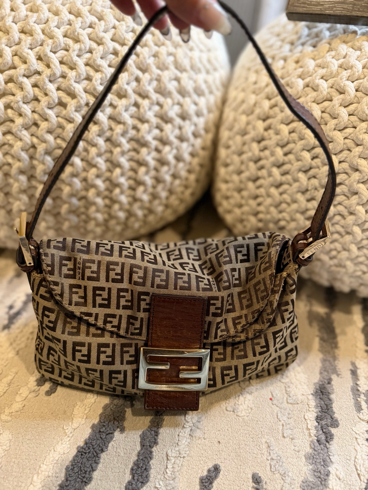 Fendi Zucca Baguette Double Flap Hobo Shoulder Tobacco