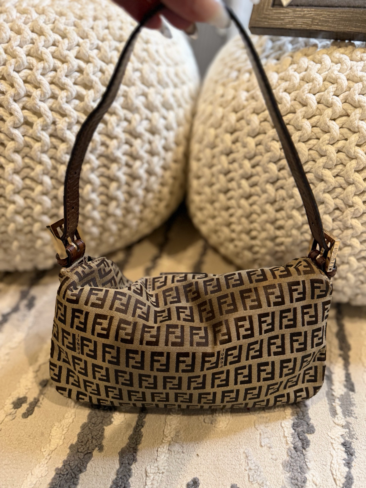Fendi Zucca Baguette Double Flap Hobo Shoulder Tobacco