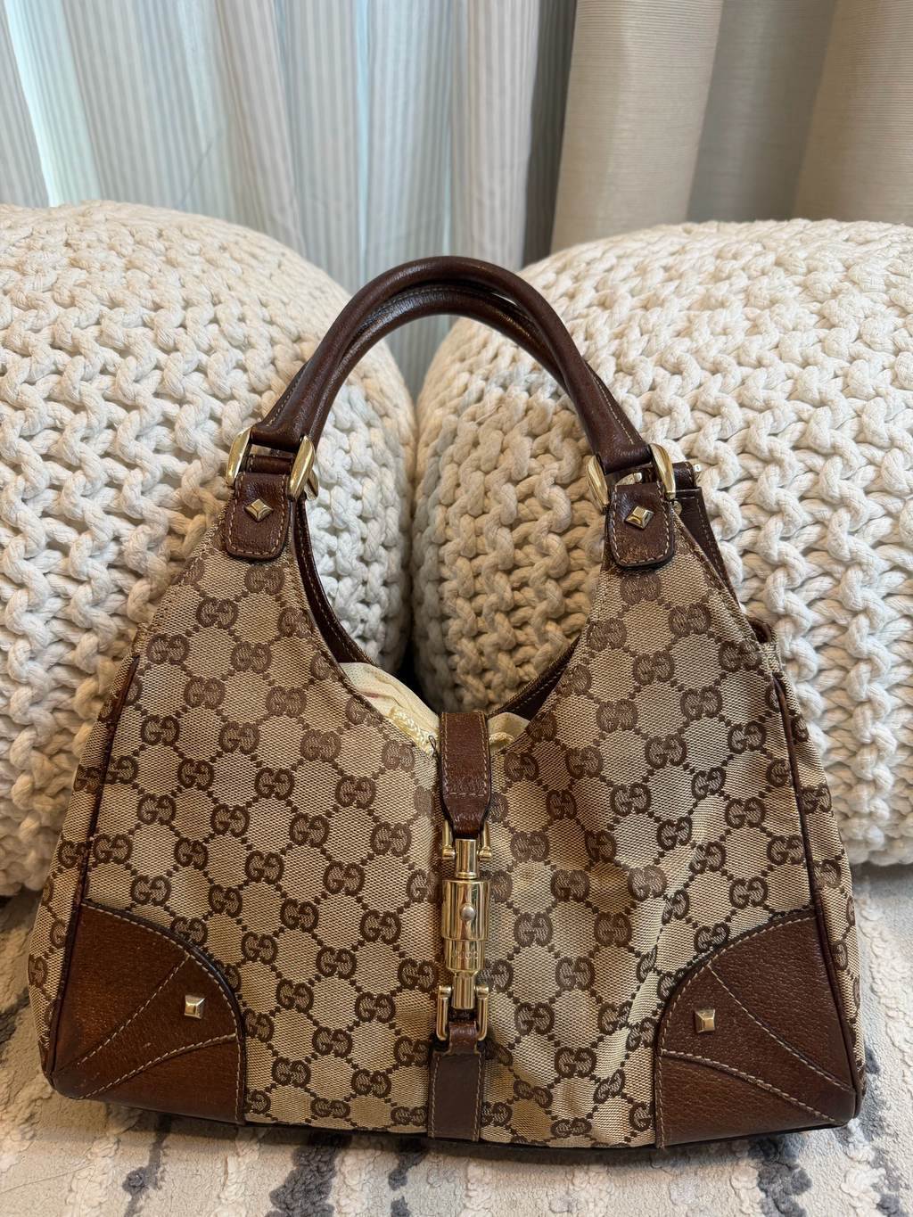 Gucci Monogram Canvas Jackie Hobo Piston Lock