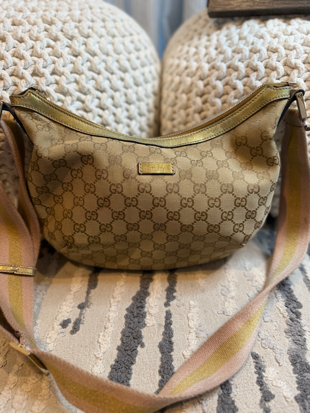 Gucci Monogram Canvas Web Strap Sling Half Moon Crossbody