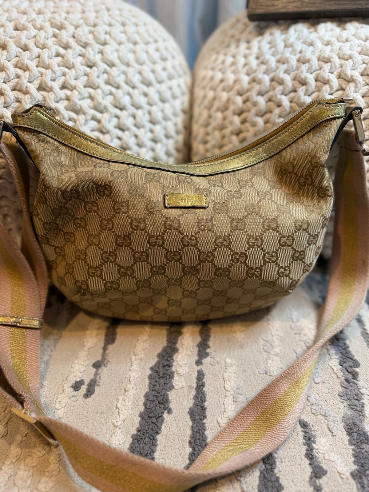 Gucci Monogram Canvas Web Strap Sling Half Moon Crossbody