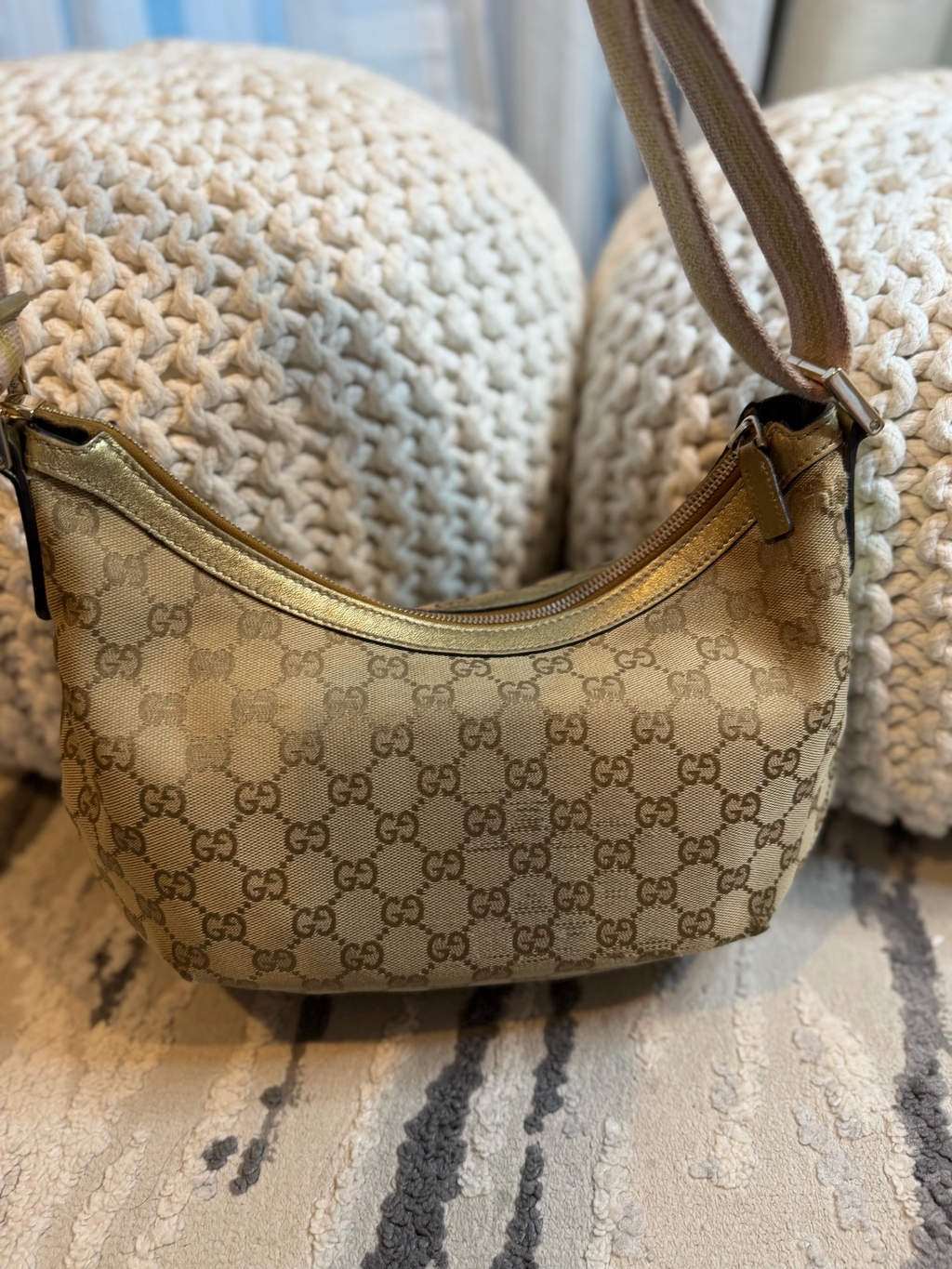 Gucci Monogram Canvas Web Strap Sling Half Moon Crossbody