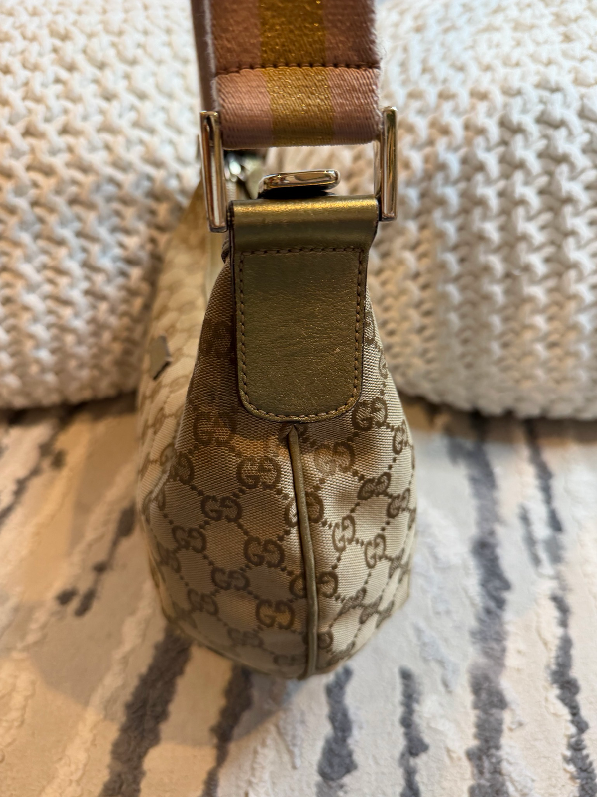 Gucci Monogram Canvas Web Strap Sling Half Moon Crossbody
