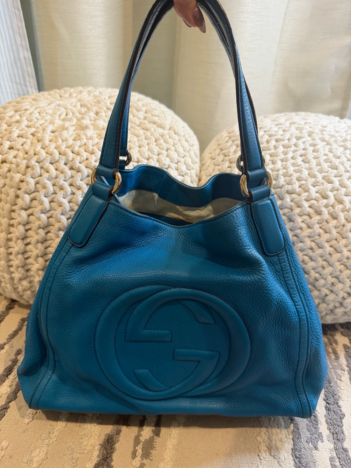 Gucci Pebbled Leather Soho Medium Shoulder Tote Teal