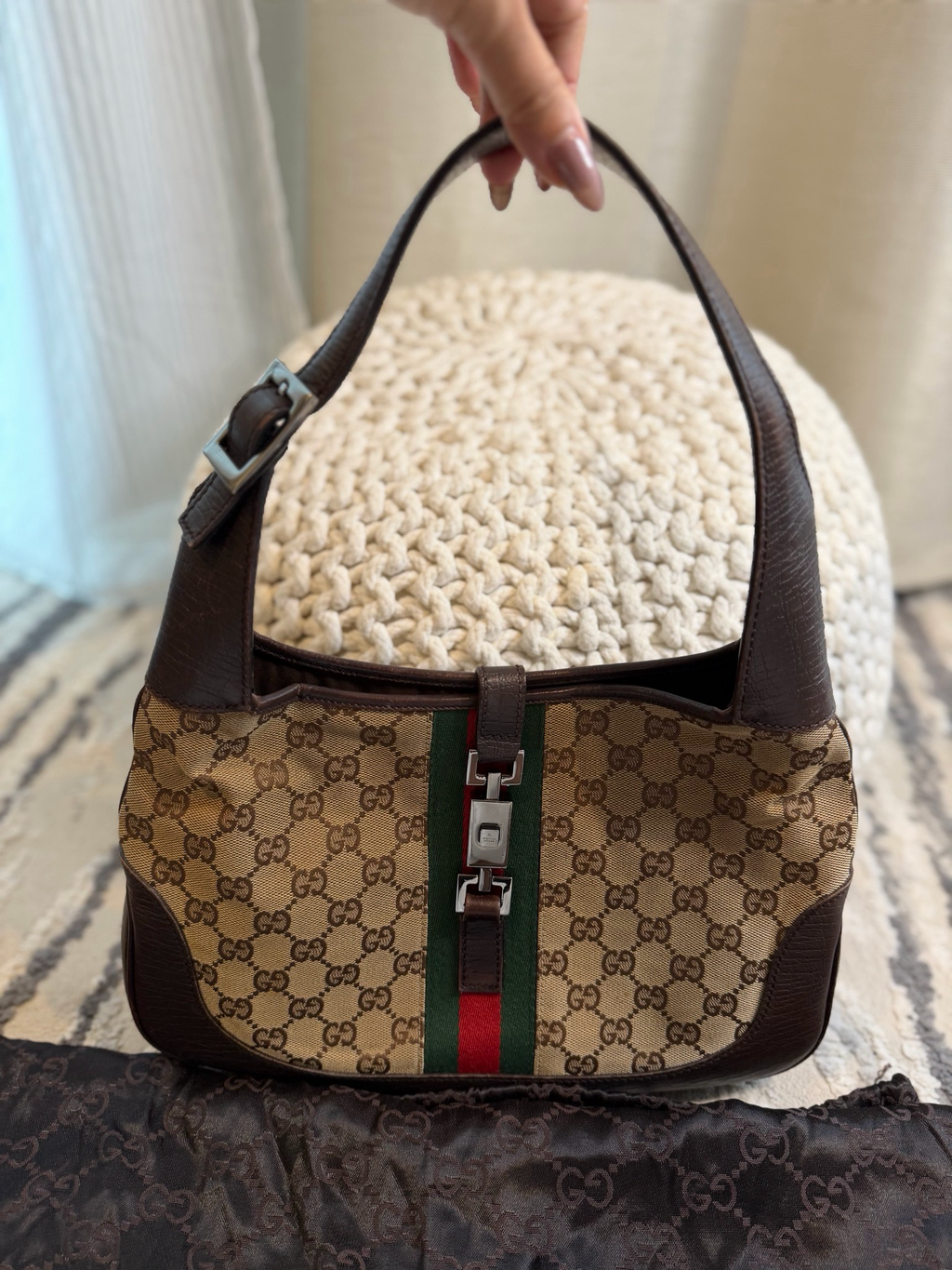Gucci Jackie Web Hobo Shoulder Monogram Canvas