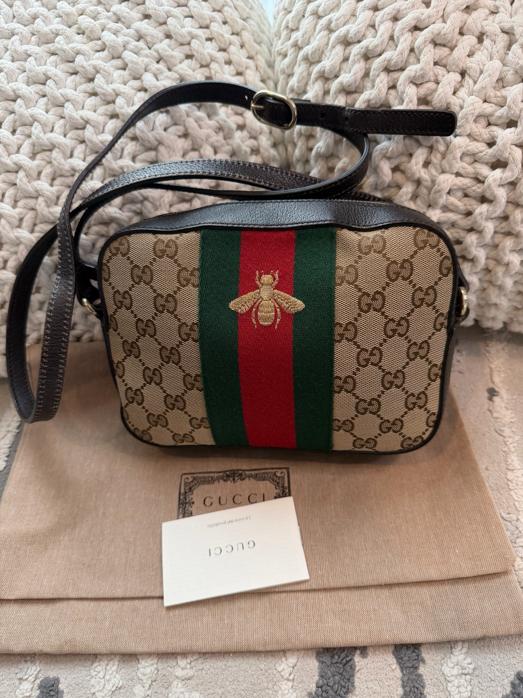 Gucci Monogram Canvas Web Bee Messenger Crossbody