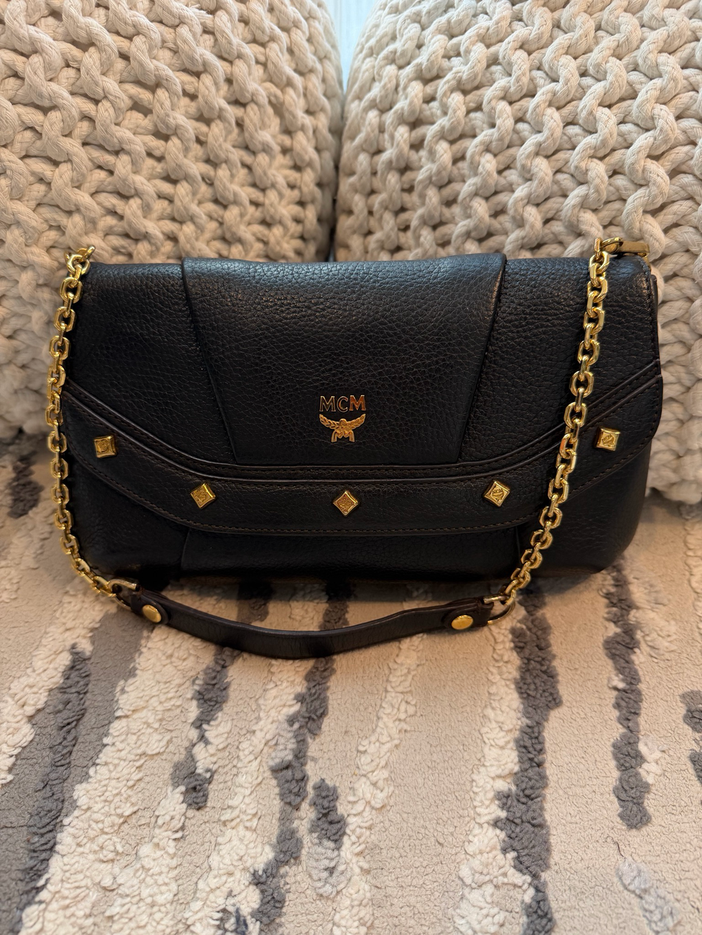Mcm Pebbled Leather Visetos Stud Black Chain Strap