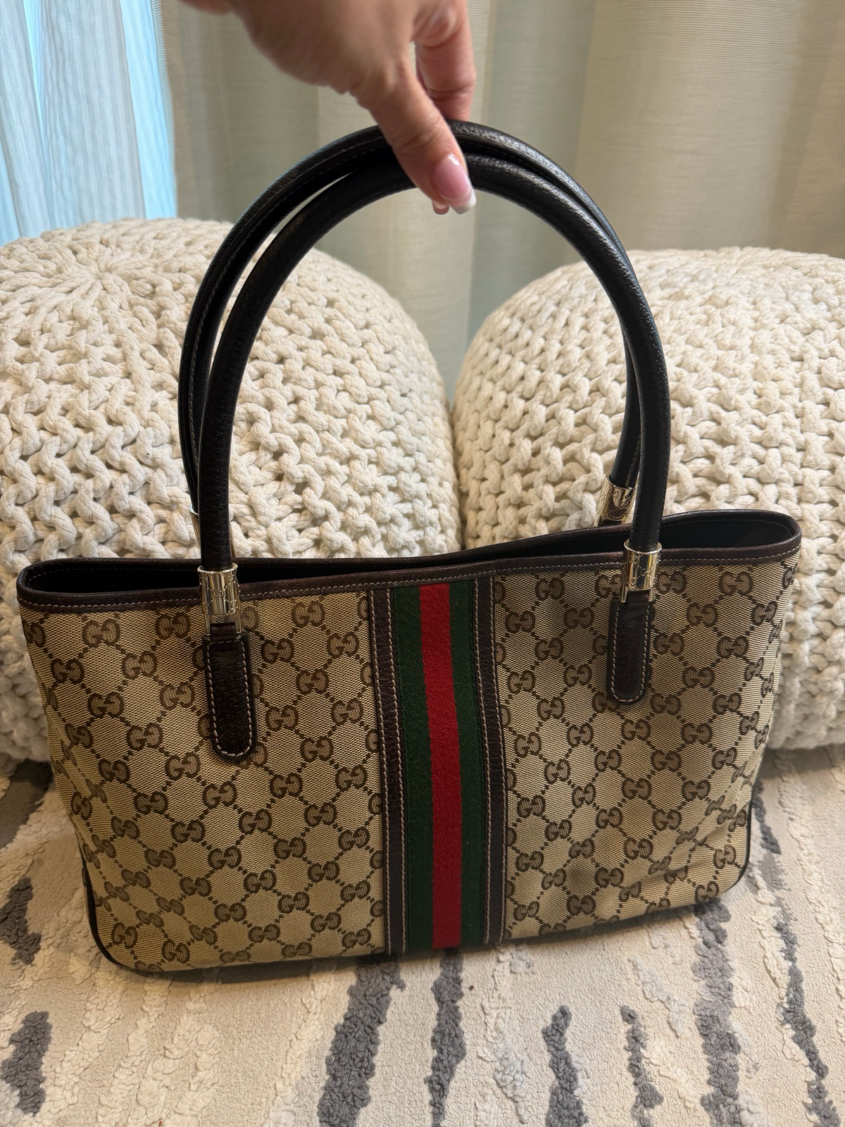 Gucci Monogram Canvas Web Strap Tote Shoulder Bag