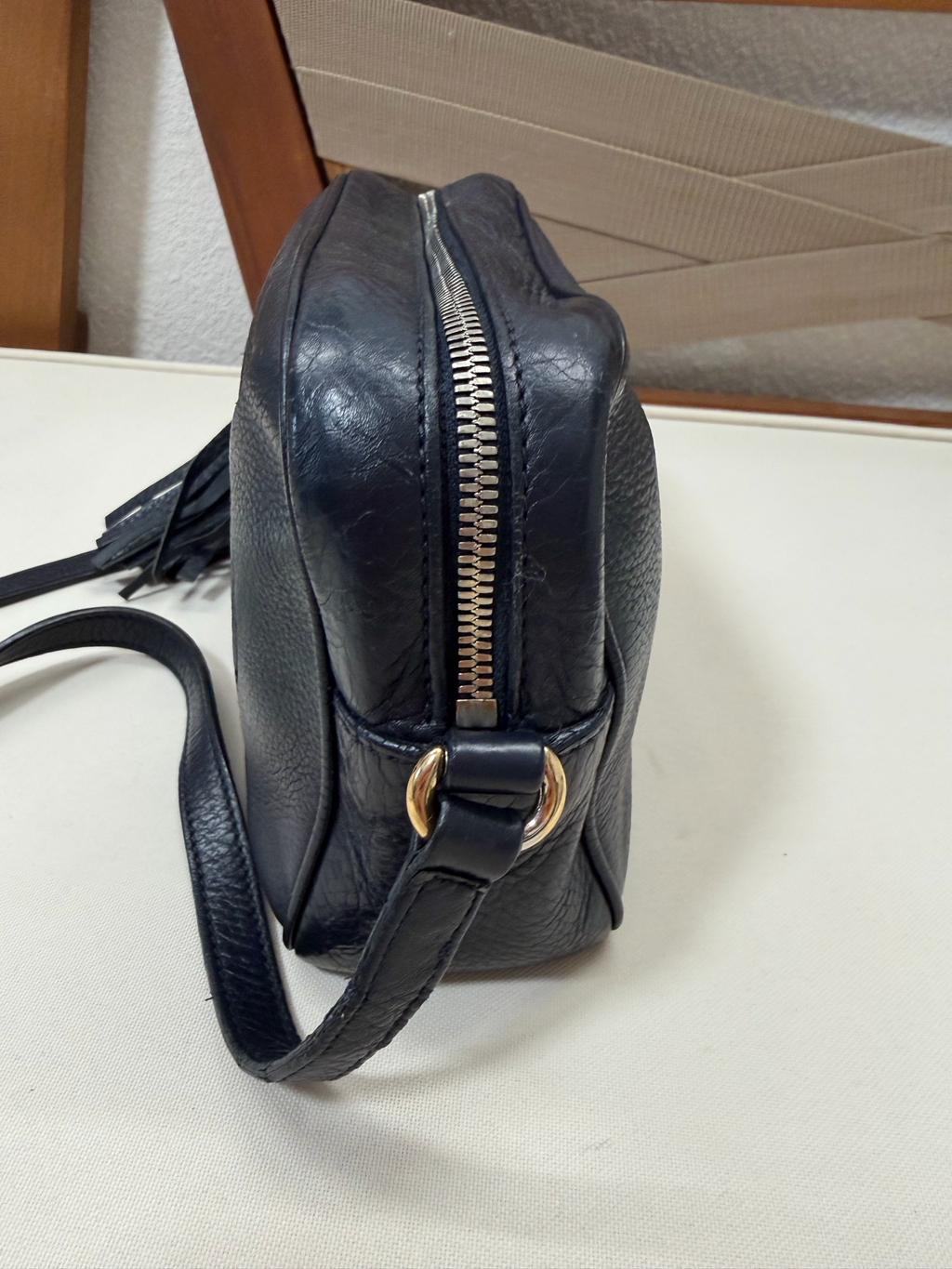 Gucci Soho Disco Pebbled Leather Camera Bag in Navy Blue