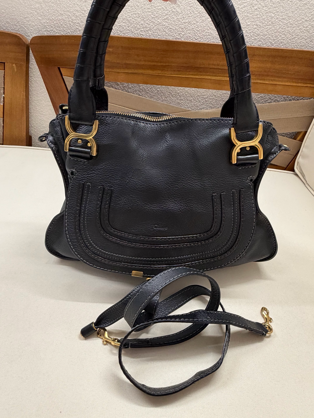 Chloe Marcie Pebbled Leather Black Messenger Crossbody Sling Medium in Black